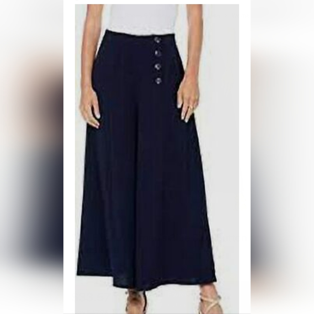 Elodie Navy Blue Wide-Leg High Waisted Culotte Trousers Pants, Size XS